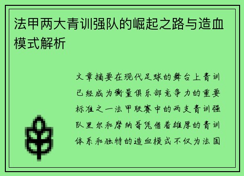法甲两大青训强队的崛起之路与造血模式解析