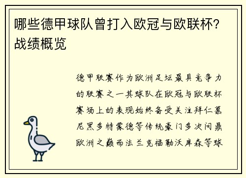 哪些德甲球队曾打入欧冠与欧联杯？战绩概览